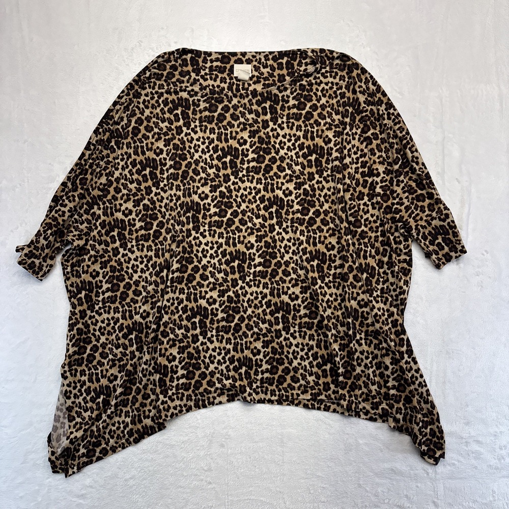 Chicos Blouse Womens Size 3 (16/18) Leopard Print Round Neck Short Sleeve